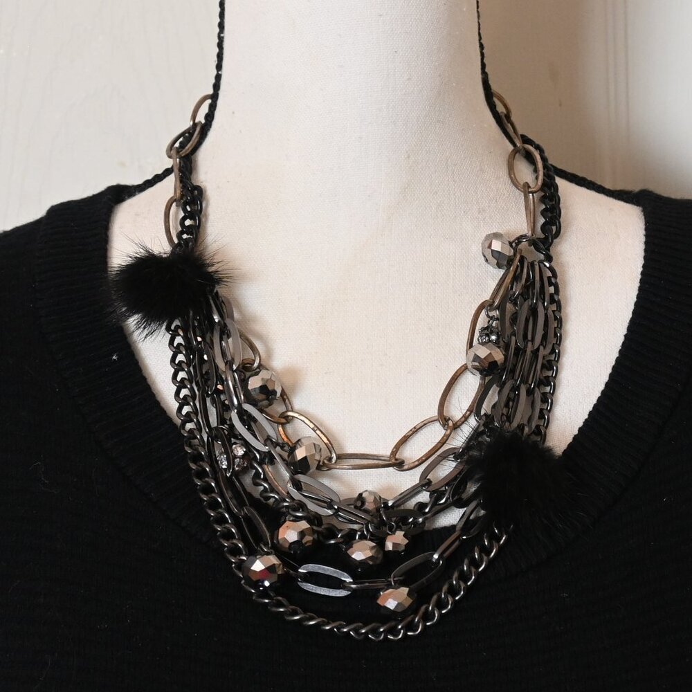 Faux Fur Metallic Bead Accents Two Tone Layered Chunky Chains Statement Necklace